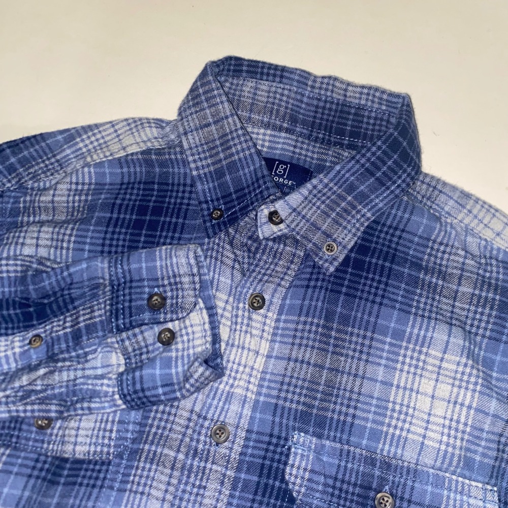 George Mens Blue Plaid Long Sleeve Button Down Flannel Shirt Small 34-36